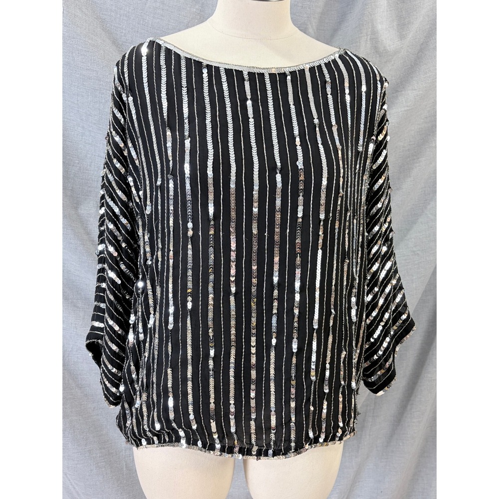 Vintage Neiman Marcus Black Silk Sequin Blouse Silver Striped Dolman Top L
